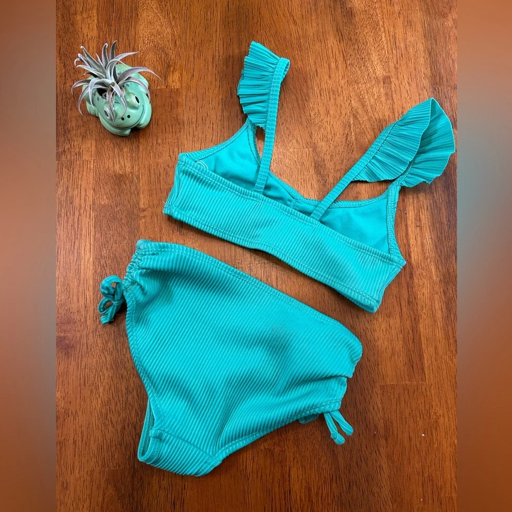 NWOT Ribbed Ruffle 2-Piece Bathing Suit Girl XS(4-5) Little Mermaid Green Bikini